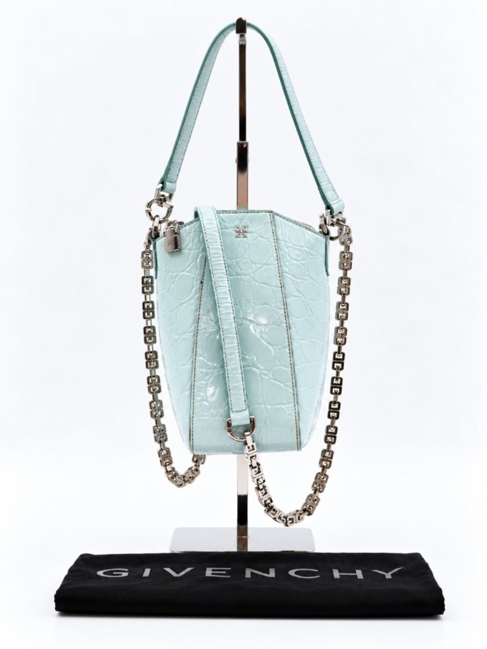 Givenchy Vintage 4G Croc Embossed Leather Mini Chain Shoulder Bag Aqua Blue